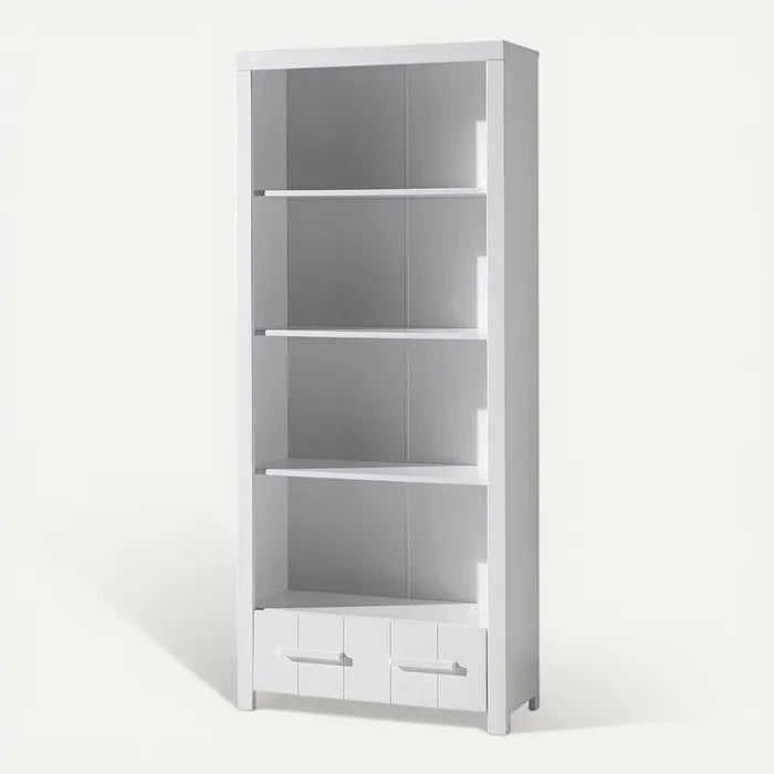 **Technische titel in het Nederlands: Moderne witte boekenplank met lades**