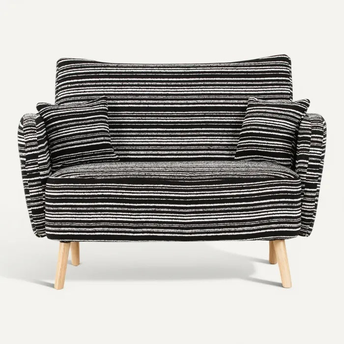 **Technische titel in het Nederlands: Modern zwart-wit gestreept 2-zitsbank met houten poten**